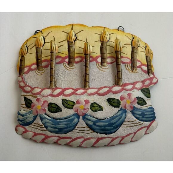 Vintage Metal Birthday Cake Wall Art Bakery Whimsical Decor Hanging Display Sign - Picture 1 of 4